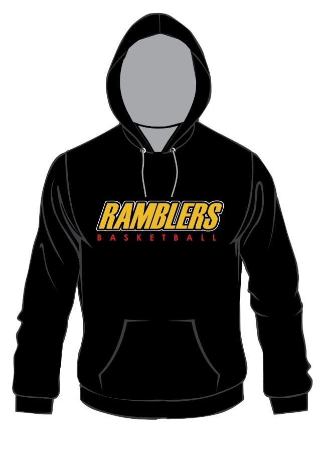 A product graphic of a black Ramblers Basketball hoodie on a faceless mannequin.