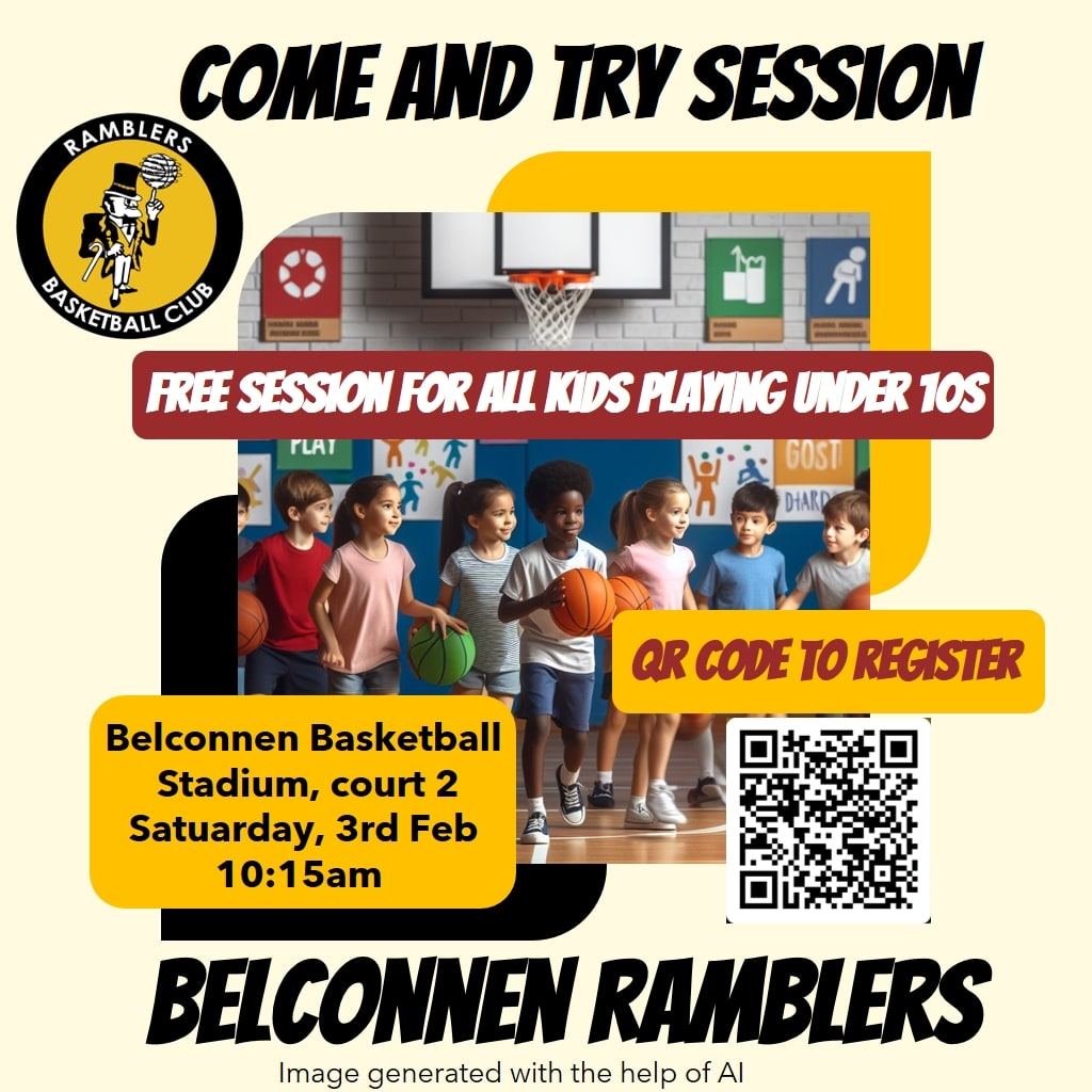 A promotional flyer for the Come and Try Session, with an AI-generated illustration of children holding basketballs, event details and a QR code to register.